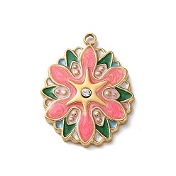 Pink 304 нержавеющей стальной эмали подвески, со стразами, золотые, цветочный шарм, розовые, 26x19.5x3 мм, отверстие : 1.8 мм
