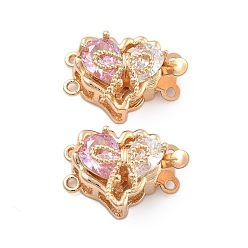 Pink Застежки для стеклянных коробок из латуни, без никеля , сердце, 2 нитей, 4-луночное, реальный 18 k позолоченный, розовые, 12.5x18x9 мм, отверстие : 1~1.2 мм