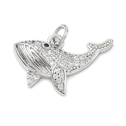 Platinum Brass Micro Pave Black Cubic Zirconia Pendants, Whale Charms, Platinum, 14x21.5x4mm, Hole: 3mm