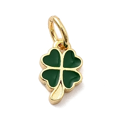 Темно-Зеленый Латунь эмаль подвески, клевер амулеты, стойки покрытие, долговечный, без кадмия и без свинца, реальный 18 k позолоченный, с целью перехода в кольце, темно-зеленый, 9.5x6x2 мм, отверстие : 3.2 мм