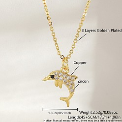 Dolphin Ожерелья с подвесками Ocean Summer из латуни с прозрачными кубическими цирконами и паве, золотые, дельфин, 17.72 дюйм (45 см), Кулон : 13 мм