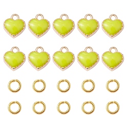 Зелено-Желтый Сердце сплав очаровывает эмаль, с латунными открытыми скачками, зеленый желтый, амулеты: 8x7.5x2.5 мм, отверстие : 1.5 мм, 10шт; переходные кольца: 20 датчик, 4x0.8 мм, внутренний диаметр: 2.4 мм, 10 шт