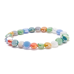 Colorful Glass Flat Round Beaded Stretch Bracelet for Women, Colorful, Inner Diameter: 2-1/4 inch(5.7cm)