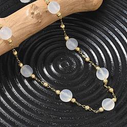 Natural Agate Natural White Agate Faceted Flat Round Beaded Chain Necklaces with Matte Brass Beads, 304 Stainless Steel Jewelry for Women, Golden, Long-Lasting Plated, 25.16 inch(63.9cm)