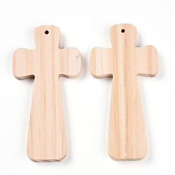 Желтая Старая Ткань  Подвески из натуральной сосны большие, неокрашенными, крестик, старое кружево, 100x49.5x7 мм, отверстие : 3 мм