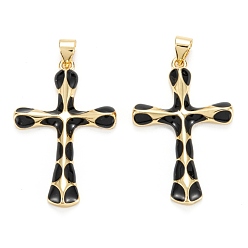 Черный Латунь эмаль подвески, реальный 18 k позолоченный, долговечный, крестик, чёрные, 32.5x21.5x3.5 мм, отверстие : 5x3 мм