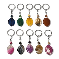 Mixed Color Iron with Alloy Natural Agate Pendant Keychain, Dyed, Oval, Mixed Color, 119mm