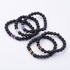 Mixed Color Natural Lava Rock Beaded Stretch Bracelets, with Gemstone Beads and Brass Spacer Beads, Mixed Color, 2-3/8 inch(60mm)