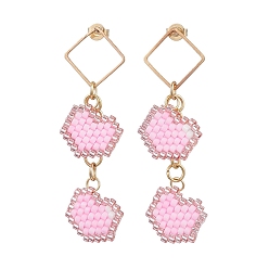 Бледно-Розовый Серьги-гвоздики в форме сердца из стеклянных бусин ручной работы, Ткацкий станок, золотые, розовый жемчуг, 55x15.5 мм