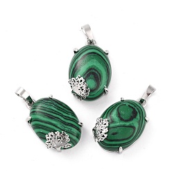 Malachite Synthetic Malachite Pendants, with Platinum Tone Brass Findings, Cadmium Free & Lead Free, Oval with Tree, 28~29.5x18.5x9.5mm, Hole: 8x5mm