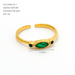 Verde 304 Brazalete abierto de acero inoxidable con circonitas cúbicas engastadas, ojo del caballo, dorado, verde, diámetro interior: 15~20 mm