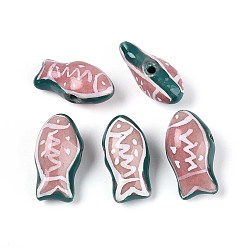 Фламинго Ручной фарфоровые керамические шарики, Famille выросли стиле, рыба, фламинго, 22~23x10~11.5x9.5~10 мм, отверстие : 1.8~2.5 мм