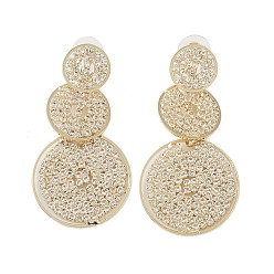 Golden Brass Micro Pave Cubic Zirconia Stud Earrings, Flat Round, Golden, 59x30mm