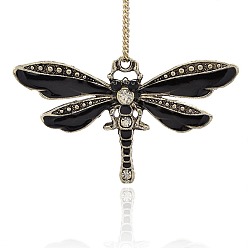 Черный Антикварная посеребренные сплава эмали стрекозы кулоны, со стразами, чёрные, 42x72x4 мм, отверстие : 2 мм