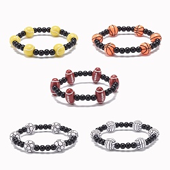 Mixed Color Sport Theme Acrylic Beaded Stretch Bracelet for Men Women, Mixed Color, Inner Diameter: 2-1/8 inch(5.5cm)