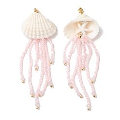 Pink Большие подвески в виде медуз из натурального розового кварца и синтетической бирюзы, морских звезд и стеклянных бусин, с ракушкой и золотыми латунными бусинами, розовые, 82x26.5x12 мм, отверстие : 1 мм