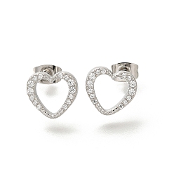 Нержавеющая Сталь Цвет 304 Серьги-гвоздики из нержавеющей стали с прозрачным фианитом и микропаве, сердце, цвет нержавеющей стали, 10x11 мм