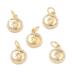 Real 18K Gold Plated Brass Micro Pave Clear Cubic Zirconia Charms, with Jump Ring, Long-Lasting Plated, Flat Round with Star, Real 18K Gold Plated, 12x9.5x2mm, Jump Ring: 5x1mm, 3mm Inner Diameter