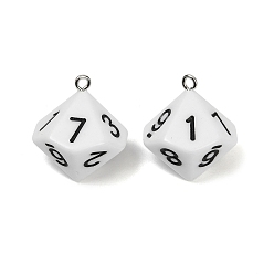 Белый Акриловые подвески, с платиново-железными петлями, десять граней, игральная кость, белые, 25x21.5x21.5 мм, отверстие : 2 мм