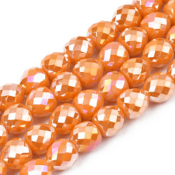 Темно-Оранжевый Гальванизировать непрозрачные сплошной цвет стеклянные бусы пряди, с покрытием AB цвета, граненые, клубника, темно-оранжевый, 6x6 мм, отверстие : 1.4 мм, около 97~99 шт / нитка, 57.5~58.5 см