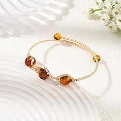 Golden Natural Amber Horse Eye Herringbone Wire-Wrapped Open Cuff Bangles, Golden, Inner Diameter: 1.97 inch(5cm)