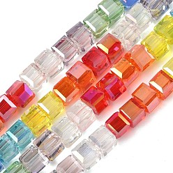 (52) Непрозрачная лаванда Гальванизируйте прозрачное стекло бисер нитей, кубические, с покрытием AB цвета, граненые, разноцветные, 5.5~6x5.5~6x5.5~6 мм, отверстие : 1.2 мм, около 62~63 шт / нитка, 13.39'' (34 см)