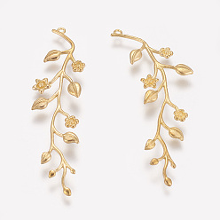 Без Покрытия Латунные большие кулоны, без кадмия и без свинца и без никеля, ветвь с цветком, сырой (без покрытия), 53.5x15x1.5 мм, отверстие : 1.2 мм