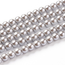 Silver Eco-Friendly Dyed Glass Pearl Round Beads Strands, Grade A, Cotton Cord Threaded, Silver, 6mm, Hole: 0.7~1.1mm, about 72pcs/strand, 15 inch