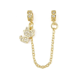 Cat Shape Латунные паве прозрачные кубические цирконии европейские защитные цепи с подвесками, долговечный, стойки покрытие, золотые, форма кошки, 87 мм, отверстие : 4 мм, Кошка: 12.5x10x1.5 mm