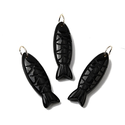 Обсидиан Резные подвески из натурального обсидиана, рыбы прелести, с 304 кольцами из нержавеющей стали, золотые, 33.5~34.5x10.5x7~7.5 мм, отверстие : 7 мм