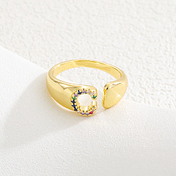 Letter C Браслет-манжета из латуни с микропаве и цветными кубическими циркониями, открытые кольца., буквы, золотые, буква С, 15~20 мм