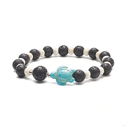 Turquoise Dyed Synthetic Turquoise(Dyed) Tortoise & Natural Lava Rock Beaded Stretch Bracelet for Women, Turquoise(Dyed), Inner Diameter: 2-3/8~2-1/2 inch(6~6.5cm)