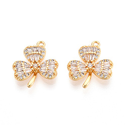 Настоящее золото 18K Латунные микро проложить кубического циркония подвески, клевер, без никеля , долговечный, реальный 18 k позолоченный, 16.5x14x3 мм, отверстие : 1 мм