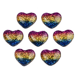 Colorful Resin Cabochons, with Glitter Powder, Heart, Colorful, 13.5x16x4.5mm