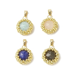 Real 18K Gold Plated Natural Mixed Gemstone Faceted Flat Round Charms, with Seed Beads Wrapped and Brass Snap on Bails, Real 18K Gold Plated, 14.5x6mm, Hole: 5x3mm
