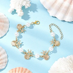 (52) Непрозрачная лаванда Сплав браслеты в форме ракушки и морской звезды, АБС-пластик имитация жемчуга круглые бусины браслеты для женщин, разноцветные, 7-1/4 дюйм (18.5 см)