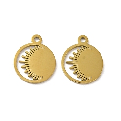 Золотой Ионное покрытие (ip) 304 брелоки из нержавеющей стали, лазерная резка, плоский круглый с солнечным шармом, золотые, 14.5x12x1 мм, отверстие : 1.5 мм