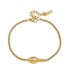 Golden 304 Stainless Steel Pave Clear Cubic Zirconia Snake Head Link Box Chain Bracelets for Women, Golden, 6.69 inch(17cm)
