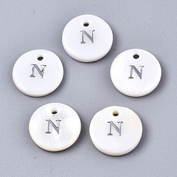 Letter N Natural Freshwater Shell Pendants, with Platinum Plated Iron Etched Metal Embellishments, Flat Round with Initial Letter, White, Letter.N, 11x2mm, Hole: 1.5mm