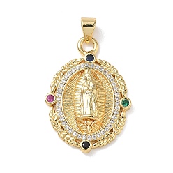 Настоящее золото 18K Религиозные латунные подвески с микропаве из прозрачного кубического циркония, овал с подвесками Девы Марии, стойки покрытие, долговечный, без кадмия и без свинца, реальный 18 k позолоченный, 28.5x20x3.5 мм, отверстие : 4.5x3.5 мм
