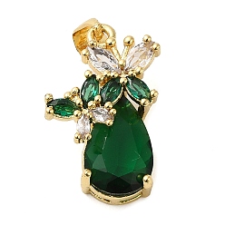 Dark Green Rack Plating Brass Micro Pave Cubic Zirconia Pendants, Cadmium Free & Lead Free, Long-Lasting Plated, Real 18K Gold Plated, Teardrop, Dark Green, 20.5x15x8mm, Hole: 5x3.5mm