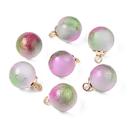 Фиолетовый Двухцветные прозрачные стеклянные подвески, с петлей из латуни, покрытой светлым золотом, матовые, с блеском порошок, круглые подвески, фиолетовые, 14x10 мм, отверстие : 2 мм