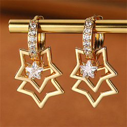 Звезда Серьги-кольца из сплава и хрустальных стразов, золотые, звезда, 27x15 мм