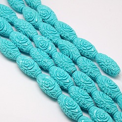 Turquoise Synthetic Coral Beads Strands, Dyed, Oval Carved Flower Rose, Turquoise, 18x9~10mm, Hole: 1mm, about 22pcs/strand, 15.74 inch