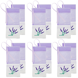 Лиловый 25 шт. набивные мешочки из хлопковой органзы для хранения сухоцветов с завязками и лентой, прямоугольник с лавандовым узором, сирень, 15.5x7.2x0.15 см