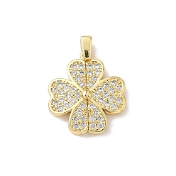 Настоящее золото 18K Латунные микро проложить кубического циркония подвески, открывающиеся подвески-клеверы, реальный 18 k позолоченный, 23.5x18x4.5 мм, отверстие : 2.5x1.5 мм