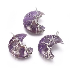 Amethyst Natural Amethyst Tree of Life Wire Wrapped Pendants, with Brass Findings, Crescent Moon, Platinum, 44~46x26~32x12.5mm, Hole: 6.5x4.5mm