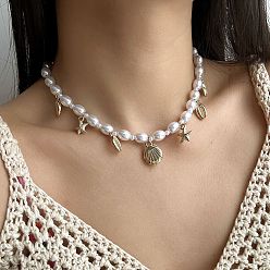 Золотой Летние пляжные ожерелья из пластика в форме ракушки, морской звезды, сплава, искусственный жемчуг, бисер для женщин, белые, золотые, 15.75 дюйм (40 см)