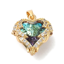 Настоящее золото 18K Стойка металлическая латунная микропрофилированная кубическая циркония подвески, со стеклом, долговечный, без свинца и без кадмия, сердце, реальный 18 k позолоченный, 16.5x15.5x7 мм, отверстие : 5x2.5 мм