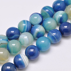 Озёрно--синий Натуральные полосатые агатовые / полосатые агатовые нити, окрашенная и подогревом, круглые, класс А, Плут синий, 10 мм, отверстие : 1 мм, около 39 шт / нитка, 15.2 дюйм (387 мм)